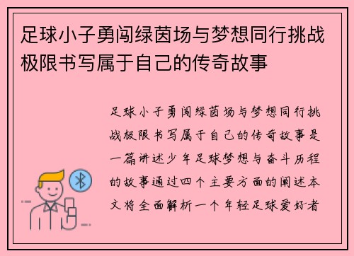 足球小子勇闯绿茵场与梦想同行挑战极限书写属于自己的传奇故事